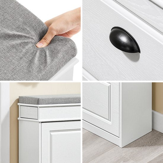 SoBuy FSR64-WG Schoenenkast, schoenenbank, schoenen, entree, 2 kleppen met afneembaar kussen, opbergdoos, rek voor smalle entree, 104 x 24 x 51 cm, antiek houteffect, wit