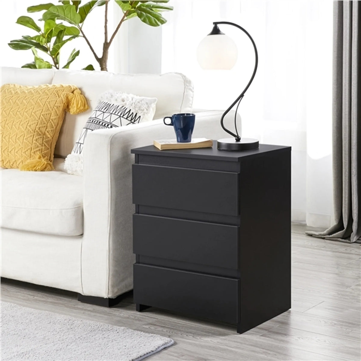 Yaheetech Stijlvol Nachtkastje met 3 Schuifladen 45,5x35,5x60,5 cm – Strak Zwart – MDF