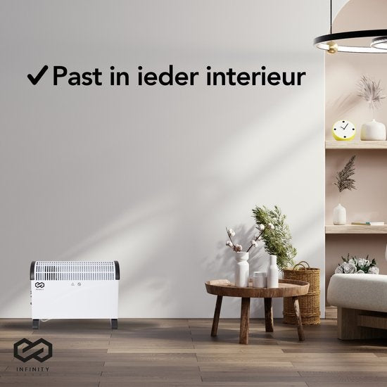 Infinity Goods Elektrische Convectorkachel - Turbo Functie en Ventilator - 750 / 1500 / 2000W - Verstelbare Thermostaat - Radiatorkachel - Oververhittingsbeveiliging - 35m² - Zwart/Wit