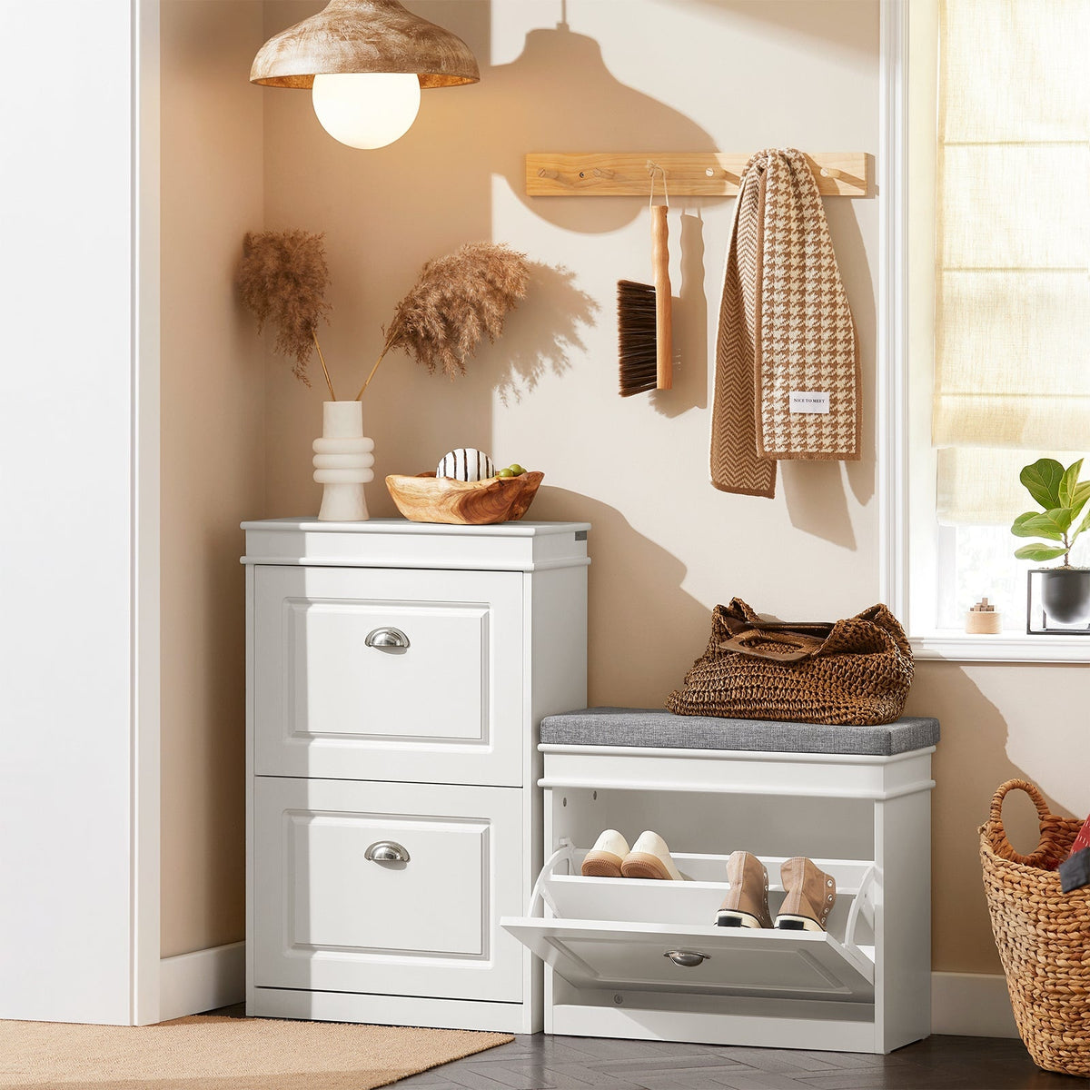 SoBuy Schoenenkast met gestoffeerde zitting - Max. 150 kg - 75 x 24 x 51 cm - Wit/ grijs