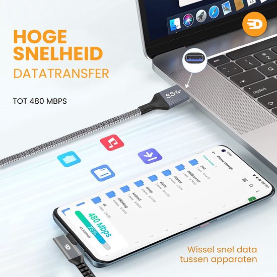 Drivv. USB naar USB C Kabel - Haaks - 2024 Model - USB C Data en oplaadkabel - Fast Charge / Snellader - 1 Meter Kort - Geschikt voor Samsung, iPhone 15 en Meer - Grijs