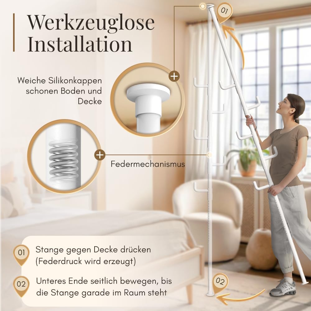 LOBUX® - Kapstok uitschuifbaar, 5 haken [wit, 110-310cm] - telescopische kapstok stabiel - ruimtebesparende metalen kapstok - valetstandaard slaapkamer - gangkapstok - kledingrek balkon