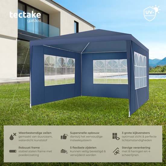 Tectake Partytent - Paviljoen - Opvouwbaar - Met Zijwanden - Waterdicht - 300 x 300 cm – Blauw