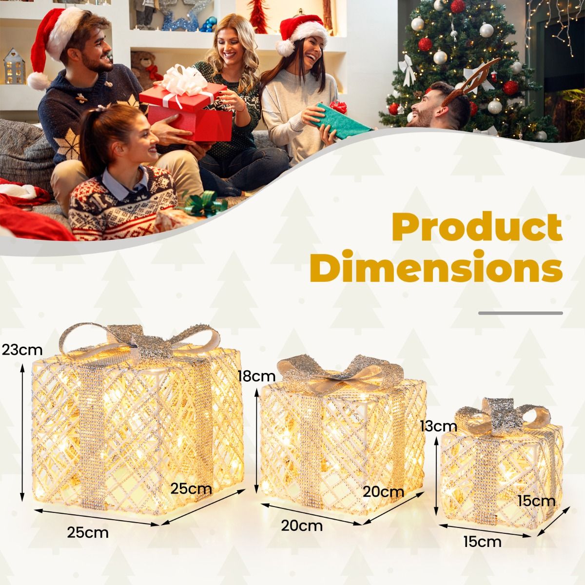 Coast 3-delige LED cadeauboxen set – warmwit – wit – 25×25×23 / 20×20×18 / 15×15×13 cm