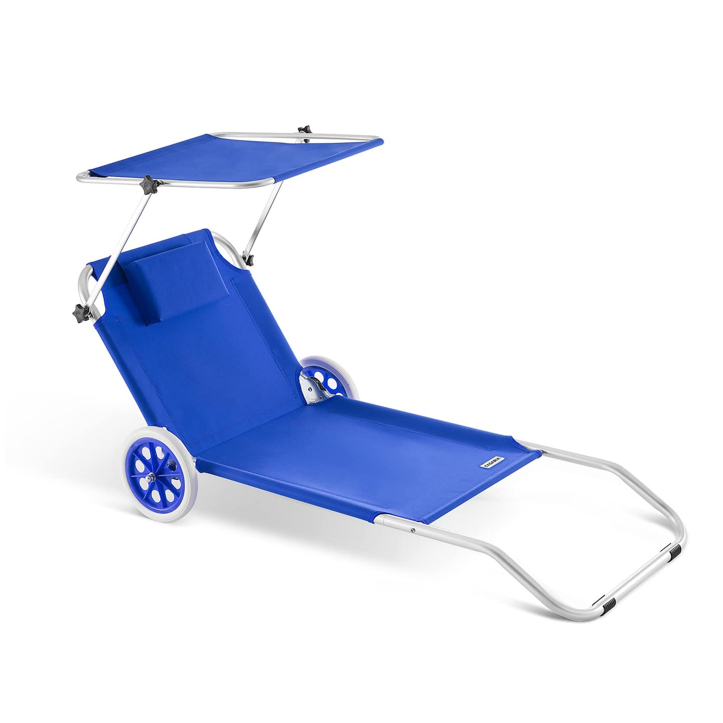 Casaria Ligbed Kreta - Blauw - Aluminium - Opvouwbaar met Wielen, Zonnescherm & Hoofdkussen - 150 x 52 cm
