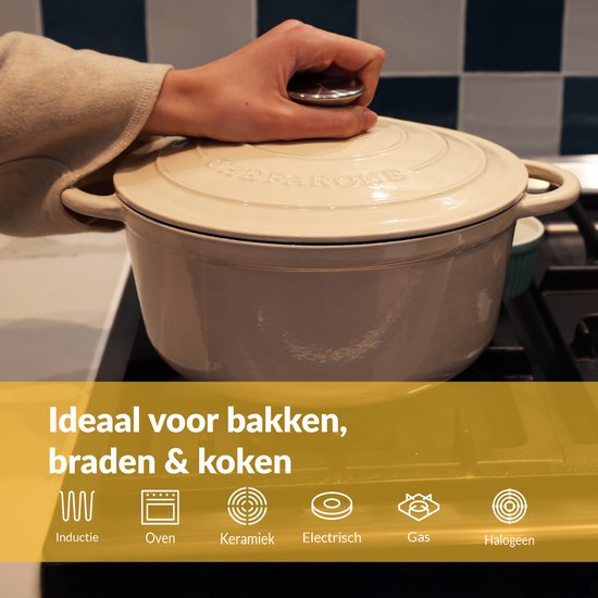 Gietijzeren Pan Chefarone 4.7L - PFAS vrij - Braadpan Inclusief Deksel - Kookpan voor alle Warmtebronnen - Kookpot Ø 26CM - Geëmailleerd Creme Wit - Cadeau voor vrouwen