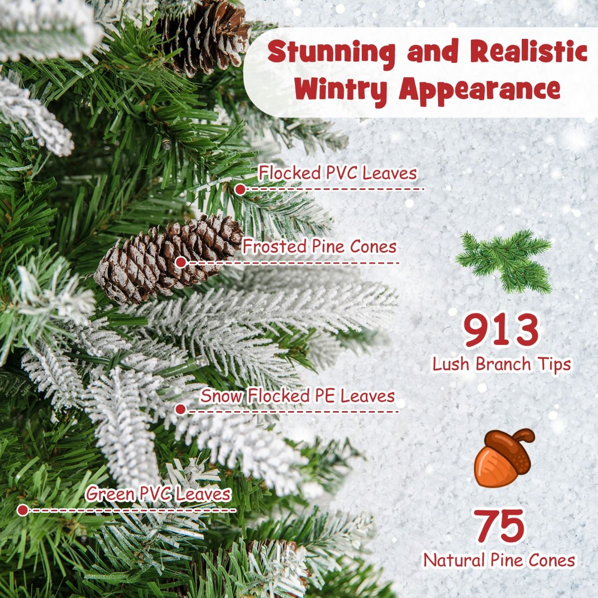Coast Kunstkerstboom 225 cm Groen/Wit – Voorverlicht met Warmwitte LED – Scharnierconstructie – 913 Takken – Met Sneeuw en Dennenappels