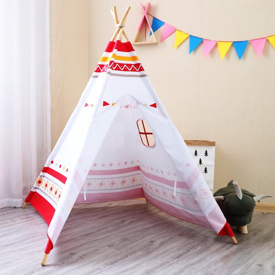 Sunny LED Tipi Tent Rood/wit - 60 LED lampjes - FSC houten palen - 120 x 120 x 160 cm