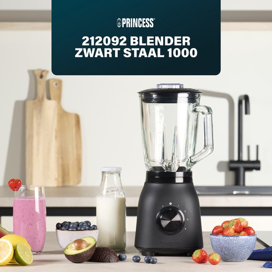 Princess 212092 Black Steel Blender 1000 - 4 Snelheden – Krachtig 1000W - 1.5 L - Glaskan - Ice Crush - Vaatwasmachine bestendig