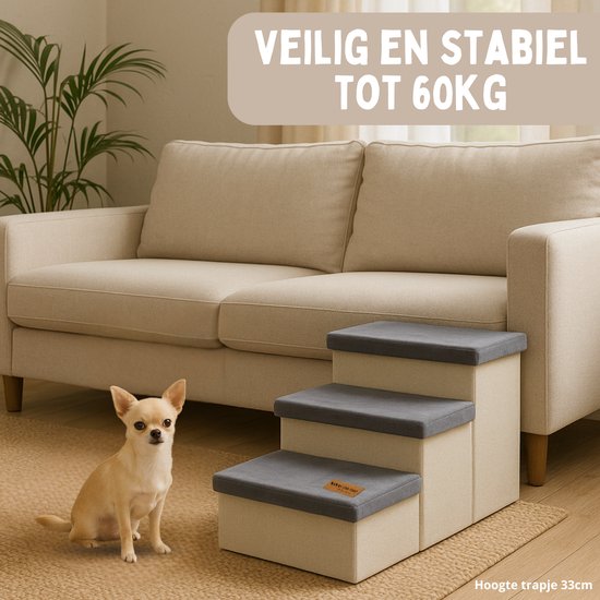 Hondentrap Stevig Hondentrapje Voor Honden Met Opbergruimte - Trap Hond – Opstapje Hond Voor Bank of Bed - Tot 60 kg - Antraciet - Universeel