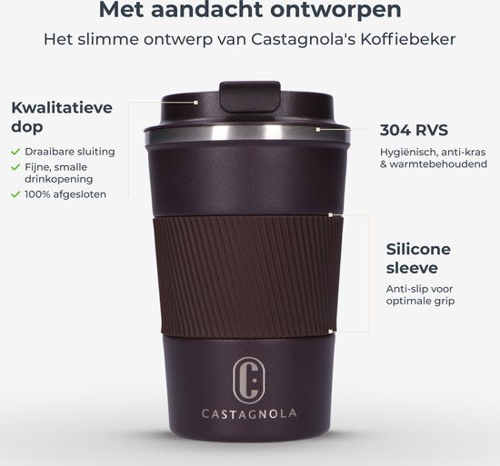 Castagnola Thermosbeker - Koffiebeker To Go - Travel Mug voor Koffie en Thee - Theebeker - 380 ML - RVS - Bruin