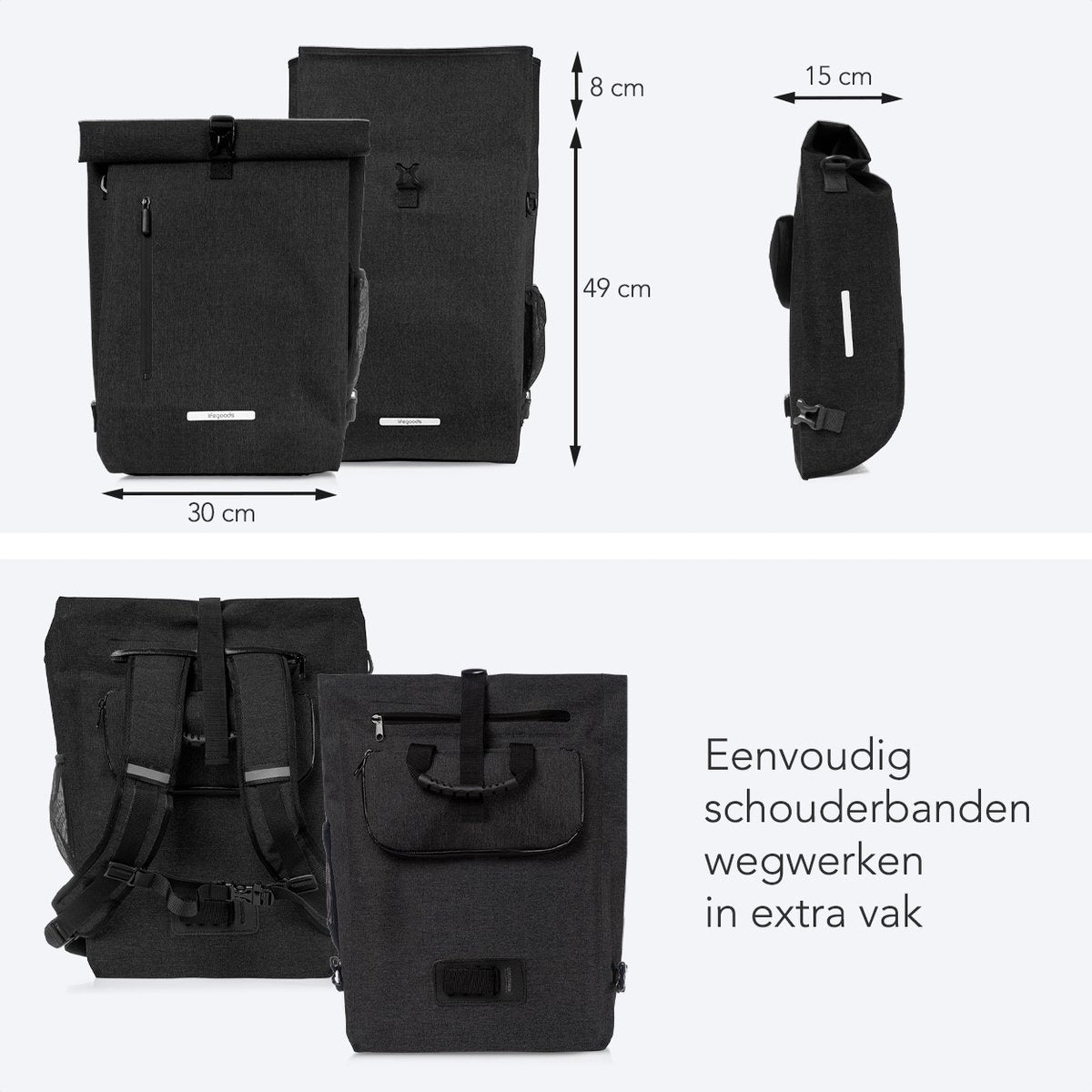 LifeGoods Enkele Fietstas - Compact - Schoudertas en Rugtas - 25L - Ronde Bagagedragers - Waterdicht - Zwart