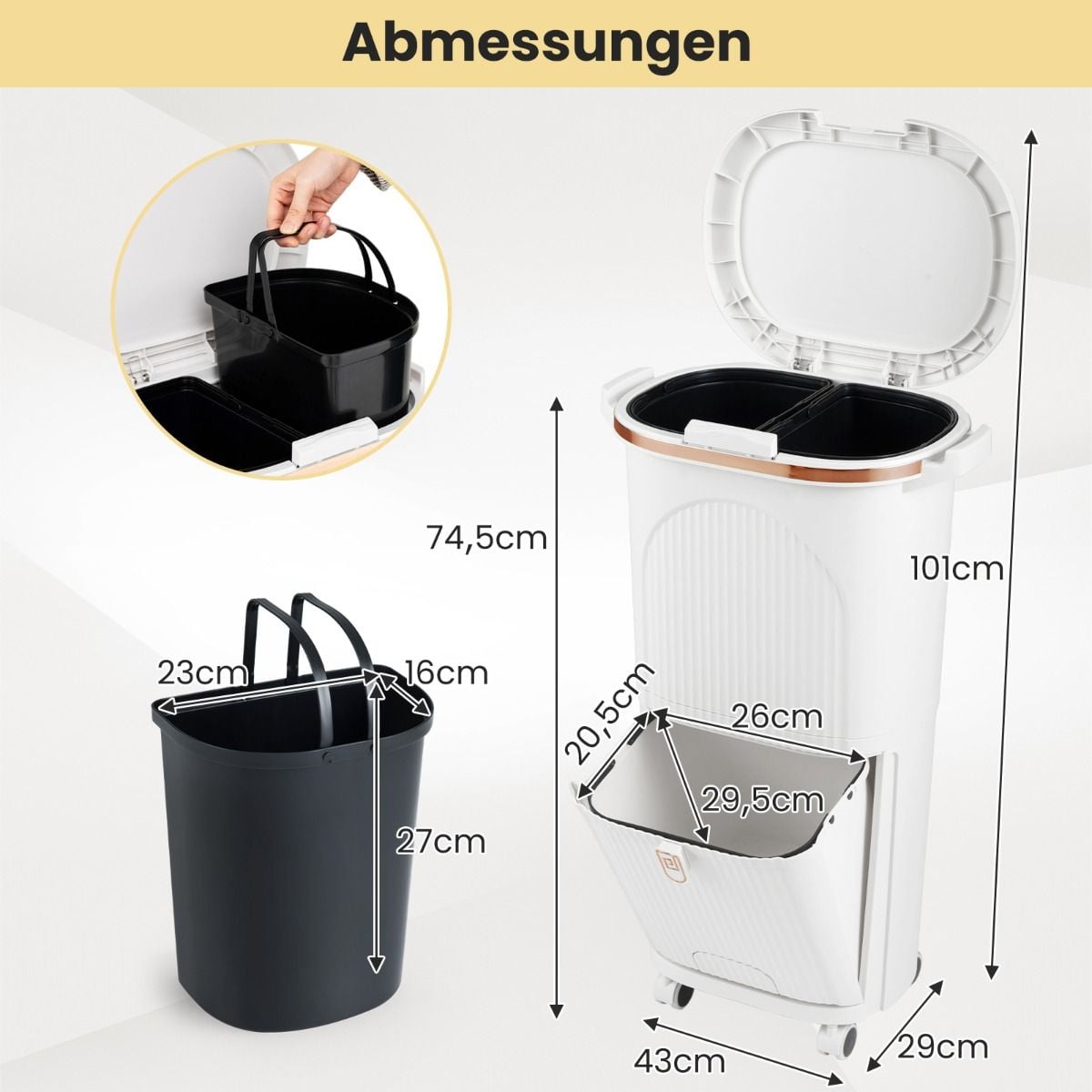 Coast Afvalbak 38L Wit – 43 x 29 x 74,5 cm – Met 2 Uitneembare Bakken, Kantelvak en Wielen