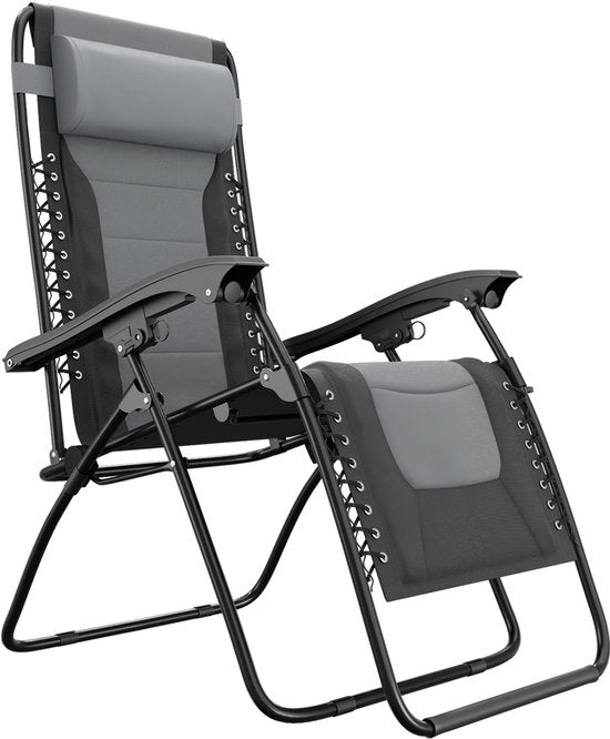 LifeGoods Ligstoel Comfort - Opvouwbaar - 30°-90° Verstelbaar - Beker en Telefoonhouder - Tuinstoel - Zwart/Grijs