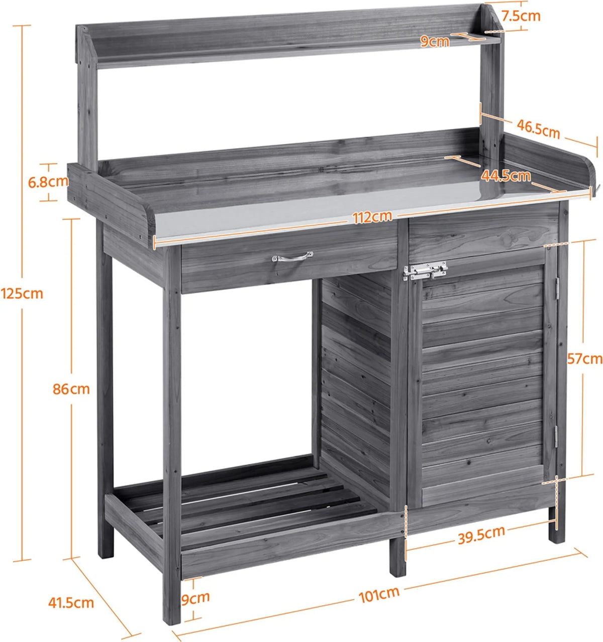Yaheetech Oppottafel Tuintafel – 101 x 46,5 x 125 cm – Gegalvaniseerd Metalen Werkblad - 3 Zijhaken - Verwijderbare Zijpanelen – Grijs Vurenhout - Metaal