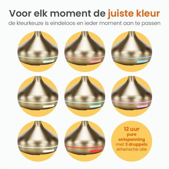 Goliving Aroma Diffuser - Luchtbevochtiger - Aromatherapie - Incl. 2x Etherische Olie - 10 LED kleuren - Geurverspreider - Goud