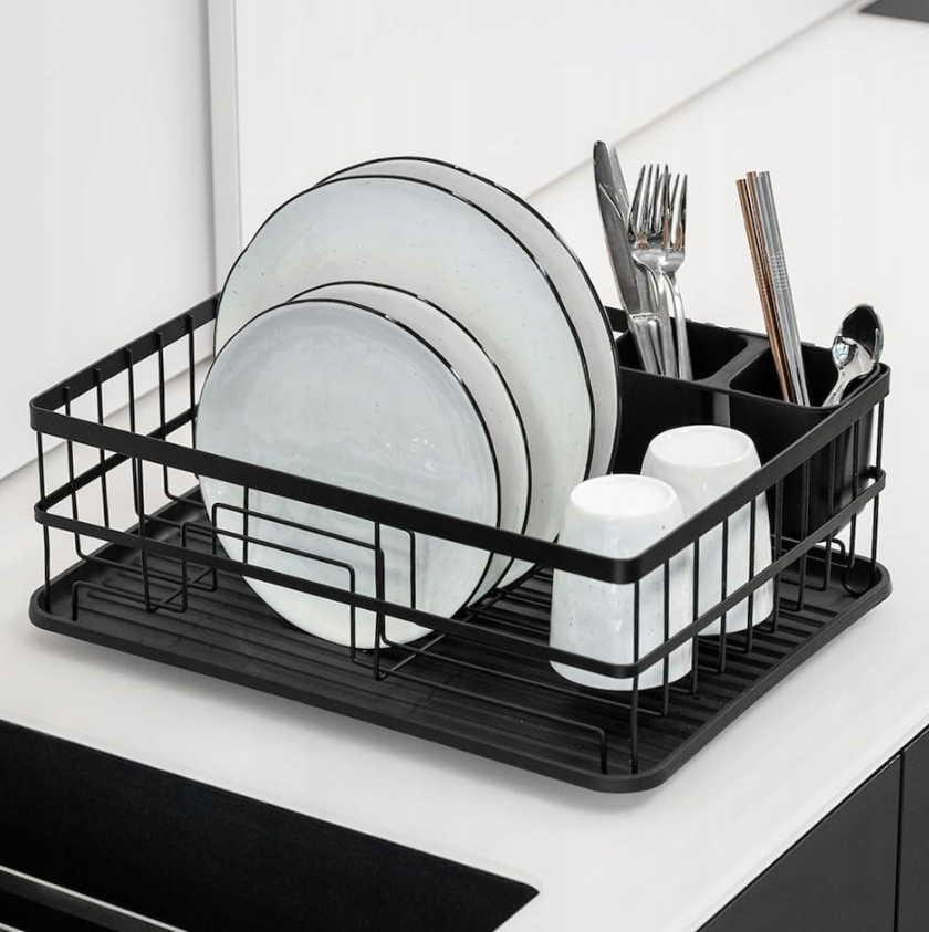 JOHSEATY serviesrek zwart mat metaal (42x31.5x15.5cm) serviesmand voor aanrecht met bestekhouder en kunststof lekbak voor op de plank