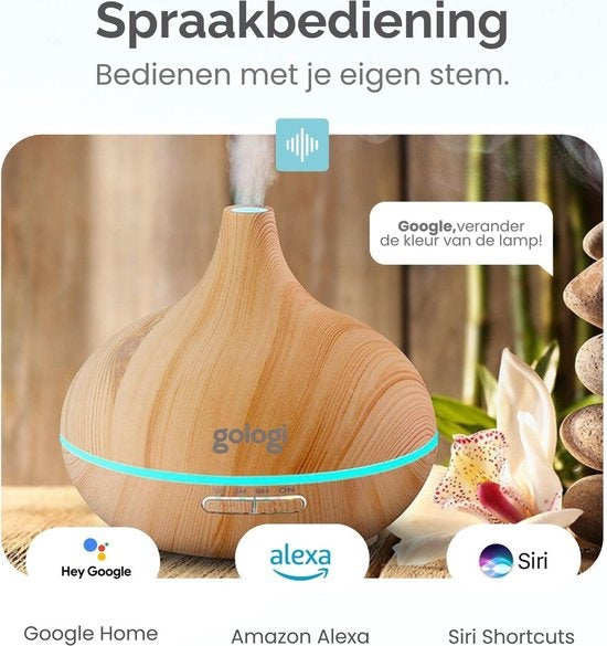 Gologi Slimme Aroma Diffuser - 550ML - Luchtbevochtiger - Geurverspreider - LED verlichting - Incl. 2 Etherische Oliën - Lichtbruin