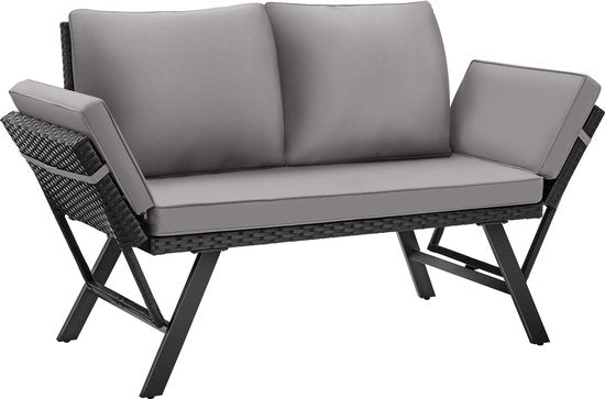 tectake® 2-in-1 Wicker Tuinbank Sintra - Verstelbare Leuningen - Tuinset - Ligbed - Balkon Loungebank - Incl. Kussens - Outdoor Loungesofa - UV- en Weerbestendig Zonnebed - Lichtgrijs/Zwart