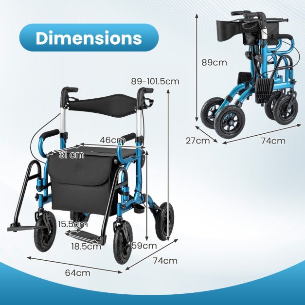 Coast 2-In-1 Rollator - Loophulp - Verstelbaar - Met Tas - Zwart/Blauw
