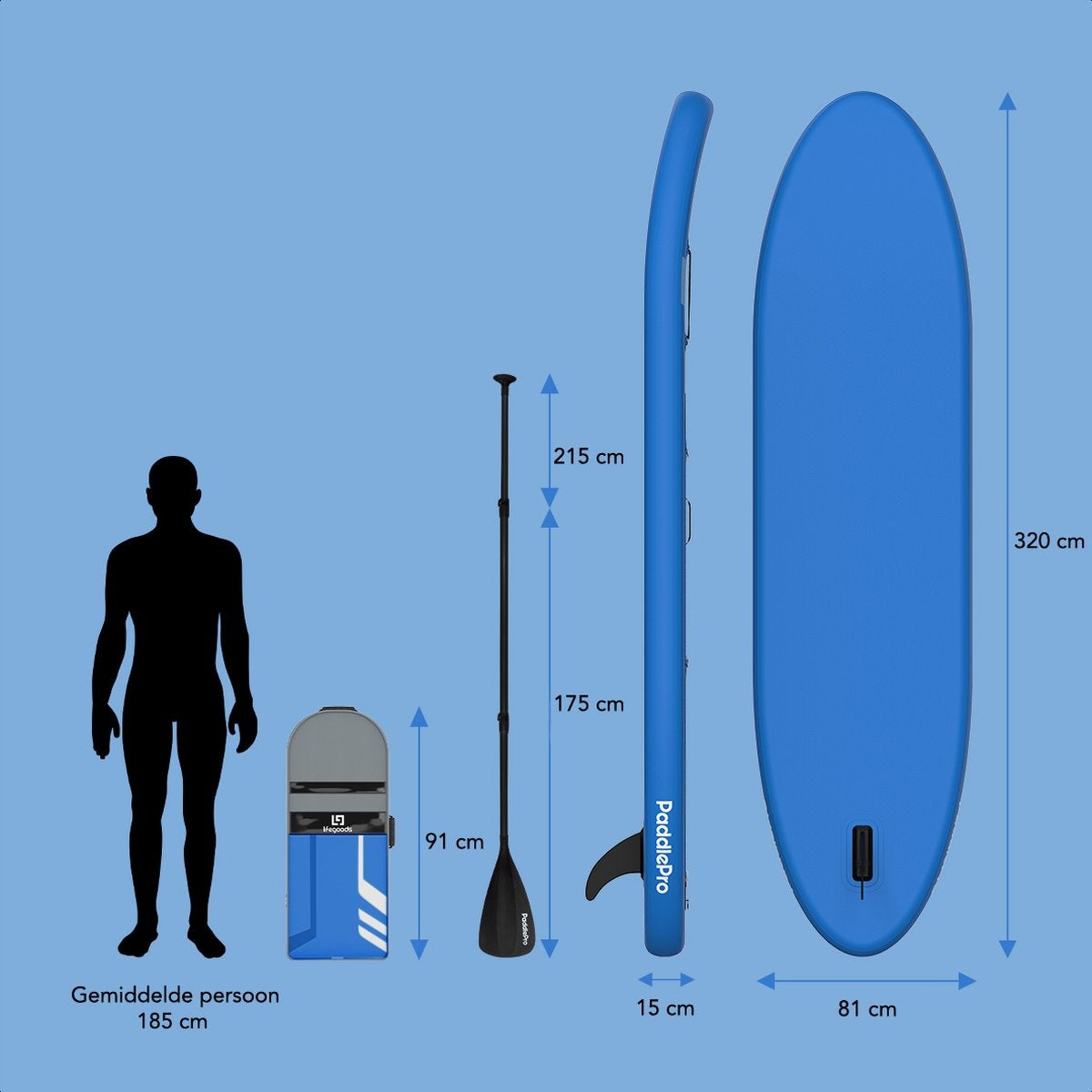 LifeGoods SUP Board - Luxe Set - met Zitje - Opblaasbaar Paddle Board - Max. 135KG - 320x81cm - Blauw