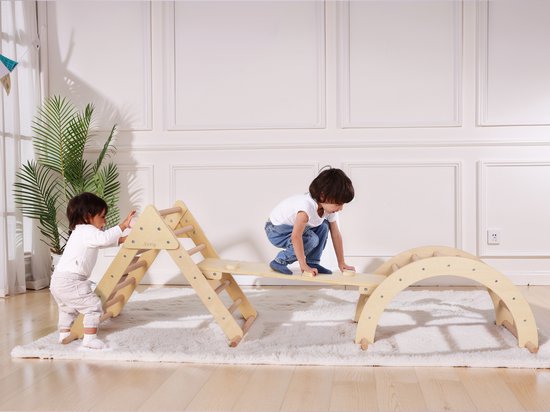 Sunny Charlie 3-in-1 Klimrek van hout Naturel– Montessori speelgoed - Klimboog - Klimdriehoek - FSC Mix