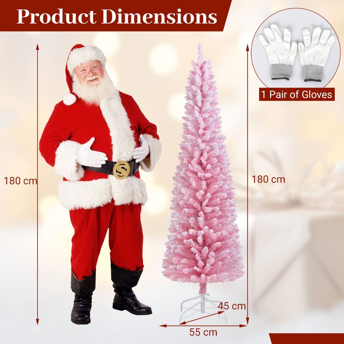 Coast Roze Kunstkerstboom 180 cm – Slanke Potloodvorm – Besneeuwde Takken – Metalen Standaard