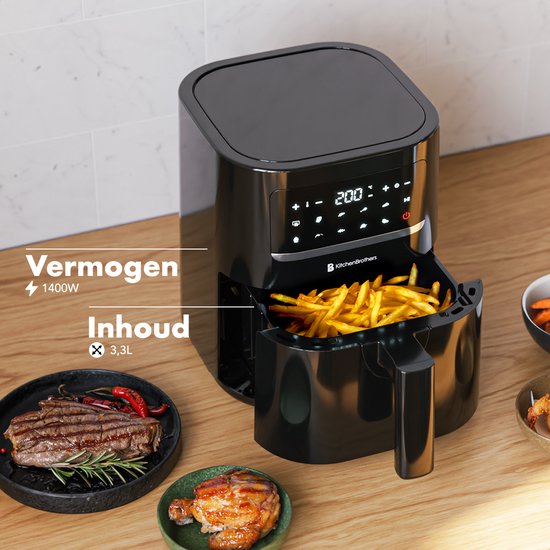 KitchenBrothers Airfryer Compact 3.3L – Voorzien Van 10 Kookprogramma's En 1400W Vermogen En Extra Lang Snoer 1,5 Meter – Voor Friet En Snacks – Zwart Kunststof – 3,3 Liter