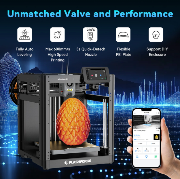 FlashForge Adventurer 5M 3D Printer - 600mm/s - 220x220x220mm - Direct Extruder