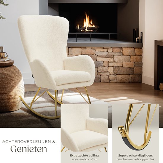 tectake® Swing Schommelstoel – Gestoffeerde Bouclé Fauteuil met Stalen Glijders en Extra Dik Zitkussen – Scandinavisch Design, Onderhoudsvriendelijk en Ergonomisch – creme/goud