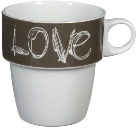 Secret de Gourmet Koffie mokken/bekers Love - 6x stuks in metalen rekje - Keramiek - glans afwerking - 260 ml - 8 x 9 cm