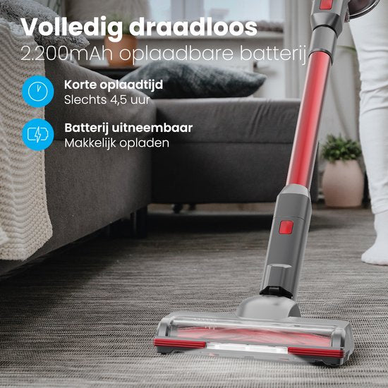 Auronic Steelstofzuiger Draadloos 220W - Draadloze Stofzuiger - HEPA Filter - Zelfstaand - Op Accu - Zonder Zak - Kruimeldief - Vacuum Cleaner - Grijs/Rood