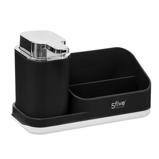 5Five Zeeppompje met keuken aanrecht organiser - zwart - 3 compartimenten - kunststof - 22 x 13 x 14 cm