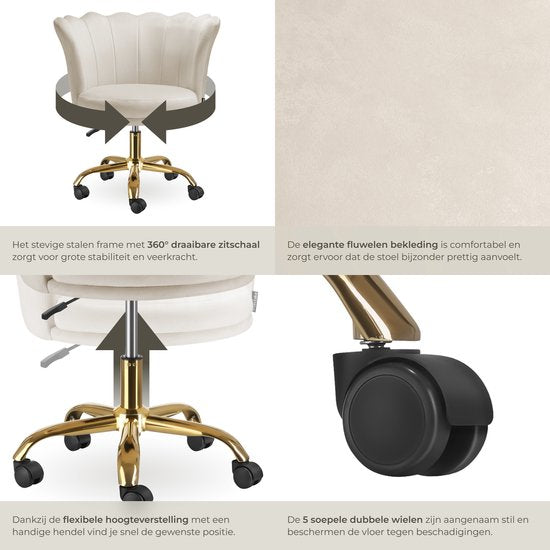 tectake® Bureaustoel - In hoogte verstelbaar draaifauteuil met fluwelen bekleding - Ergonomische schelpvorm - Stoel met wielen - Eetkamerstoel op wieltjes - 360° draaibaar - Bureau Stoel - Wit
