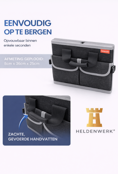 HELDENWERK Premium kofferbak organizer met deksel, stevig & antislip - Opvouwbare kofferbaktas, groot met dubbele bodem - Kofferbakbox, kofferbak organizer box