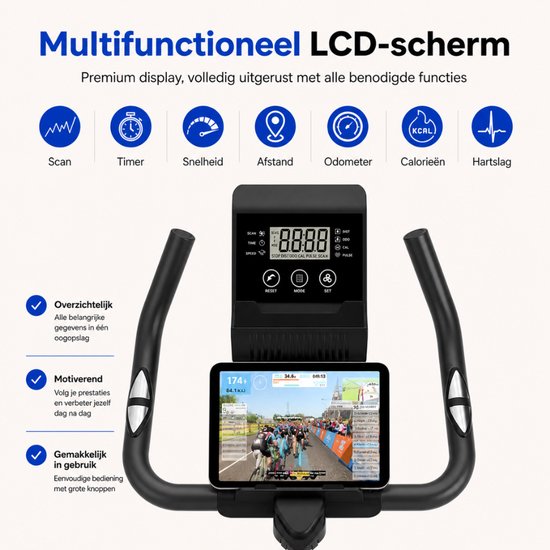 Sportfloww Hometrainer - Fitness Fiets - Spinningfiets - 8KG Vliegwiel - Hartslagmeter - Incl App