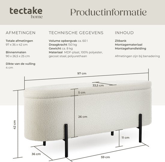 tectake® Zitbank met opbergruimte - Gestoffeerde opbergbox - Zitkist met opbergruimte, gestoffeerd - Bouclé-stof in Scandi-stijl - 97x36x42cm - cremewit