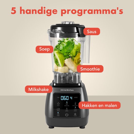 KitchenBrothers 2-in-1 Power Blender - 1600W - 2L - Complete Set met Hakmolen en To-go Beker - Smoothie Maker - IJscrusher - Metallic Grijs