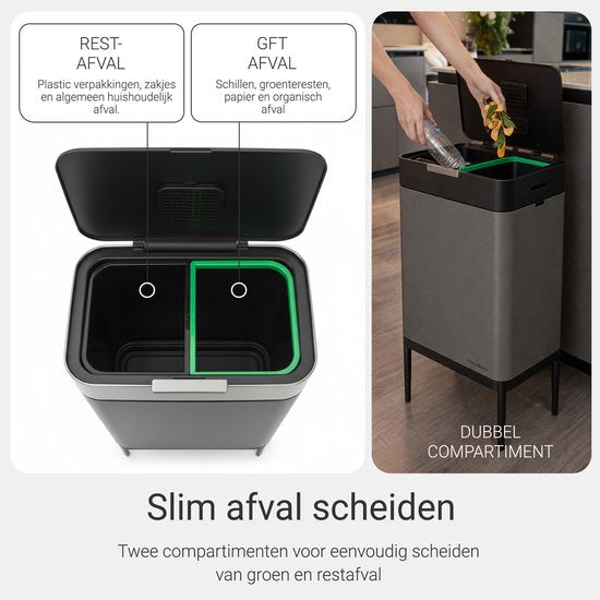Prullenbak 60 liter - Inclusief afvalscheiderringen 2x 30 liter - 2 vakken - RVS - Graphite grijs - 42x33x76cm - STAUS&BACH Nuvio