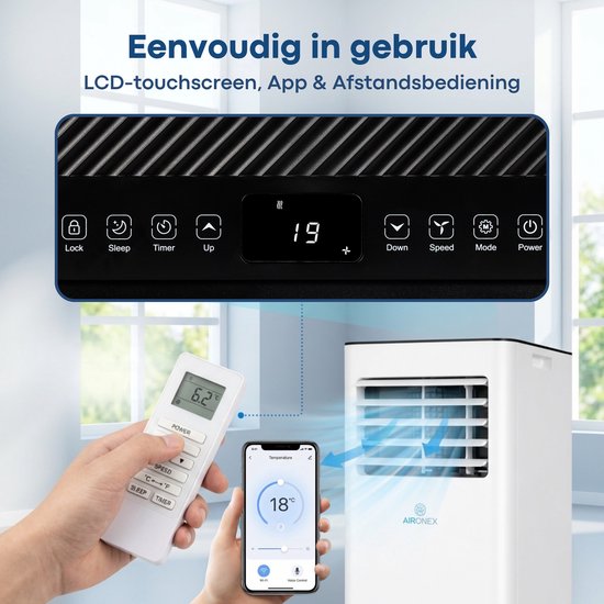 Aironex Mobiele Airco 7000 BTU – App & Afstandsbediening – Stil & Compact – Mobiele Airconditioner met Raamafdichting - Mobiele Airco voor Slaapkamer, Woonkamer, Kantoor