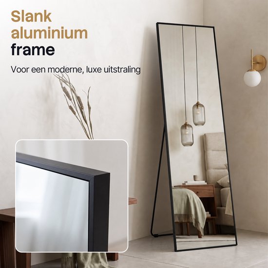 Infinity Goods Passpiegel - Wandspiegel - Staande Rechthoekige Spiegel - Luxe Metalen Rand - 160 x 40 cm - Zwart