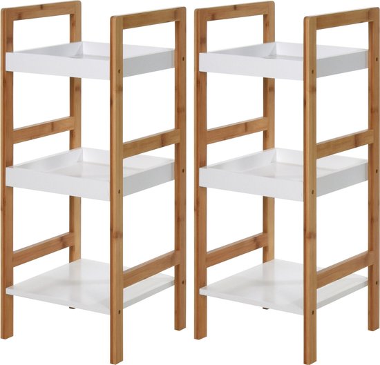 Bamboe houten bijzet kastje/badkamer rek wit/bruin met 3 planken 30 x 30 x 72 cm - Bijzetkastjes