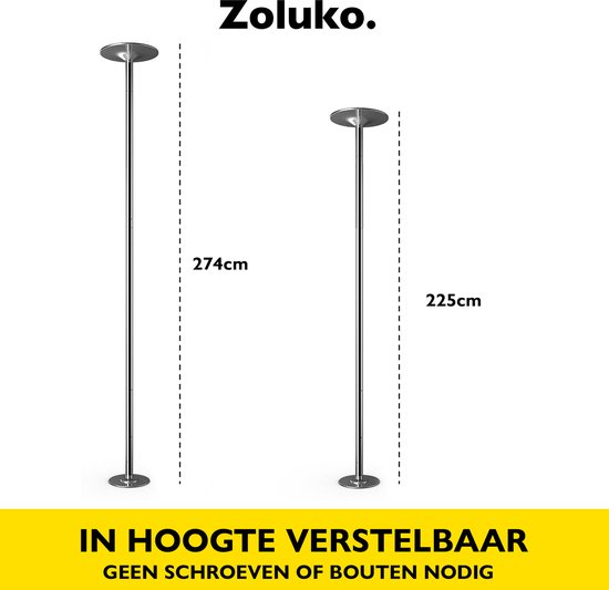 Zoluko Professionele Danspaal - Verstelbaar in hoogte: 2,24 m tot 2,74 m - Roterend en Statisch - 200KG Draagvermogen - Paaldansen - Dansstang - Pole Dance - Dance Pole - Zilver/Chroom