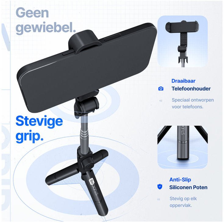 Studio ME Bluetooth Tripod Selfiestick – Afstandsbediening, Telefoonhouder En Kantelhoek – Voor Smartphone Foto En Video – Zwart Kunststof – 18 tot 66 cm