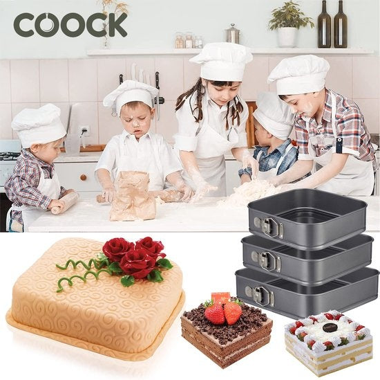 COOCK 3-delige Bakvorm Set Vierkant- Springvorm - Taartvorm Rechthoek met Antiaanbaklaag - 24 tot 28 Cm Diameter -Cakevorm Incl. Deegschraper & E-Book