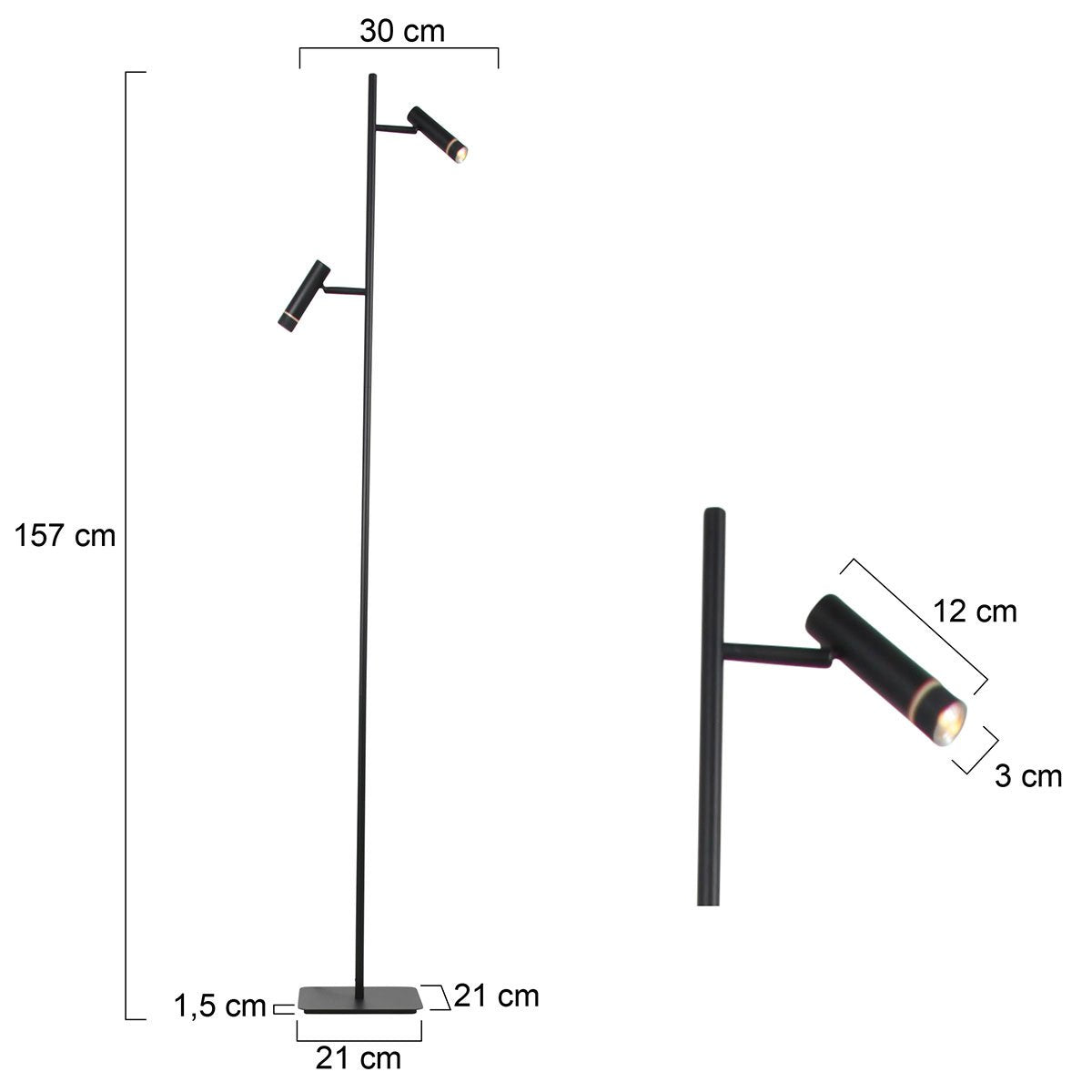 Vloerlamp Volari 4711ZW zwarte design 2-lichts leeslamp van Steinhauer met dim to warm LED, hoogte 157 cm, voet 21 x 21 cm, draaibaar en kantelbaar, ideaal voor binnen gebruik