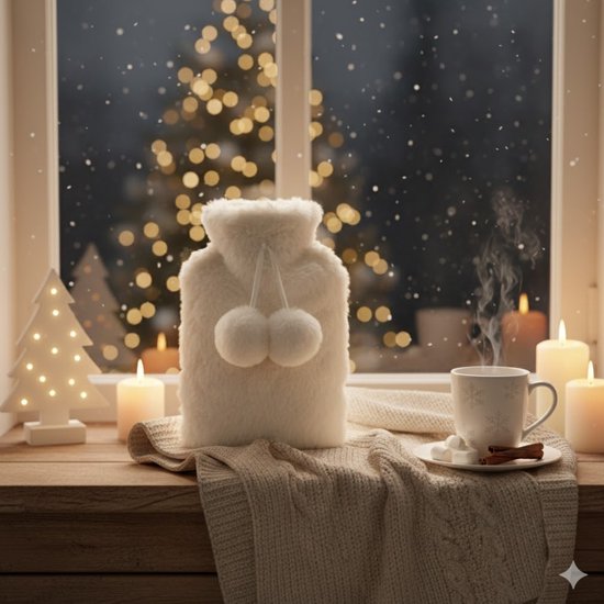 Feeric Warmwater kruik - wit - met hoes - fluffy pluche - 280 ml - bedkruik - kruik