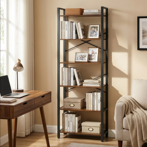 Joyfurnos Boekenkast 6 Niveaus - Industrieel - 30 x 66 x 186 cm - Greige/Zwart