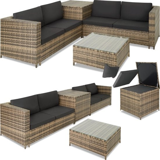 Tectake - Wicker Loungeset Siena (4 Personen) - Modulair, Opbergbox, Extra Dikke Kussens, UV- & Weerbestendig, Stalen Frame - Natuur/Donkergrijs