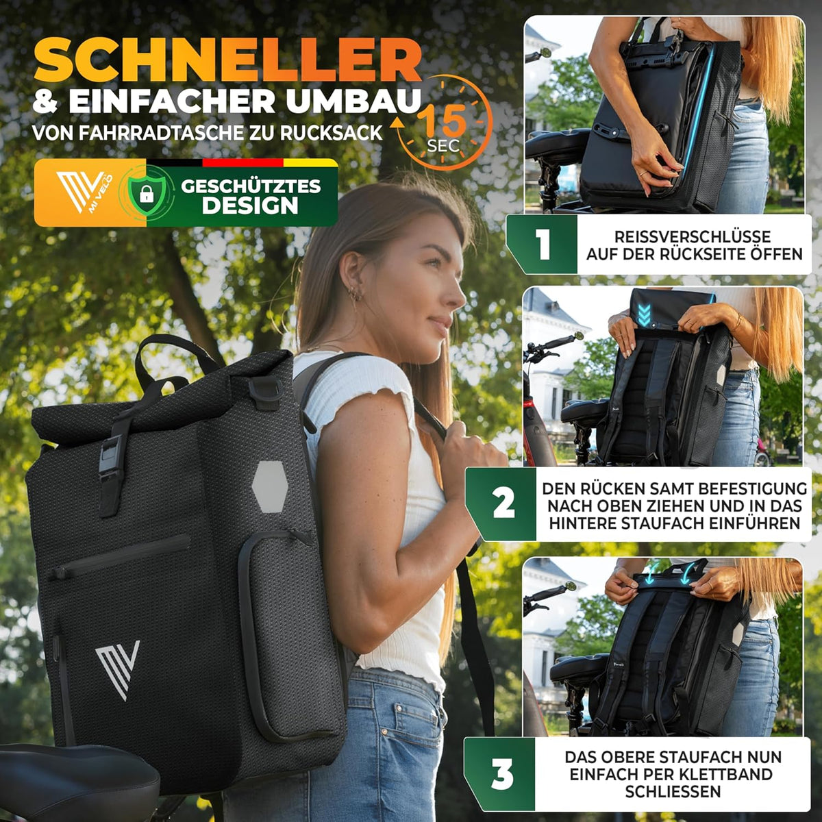 MIVELO 3-in-1 Waterdichte Fietstas, Rugzak en Schoudertas – 25L, Zwart Reflecterend – Met Laptopvak & Snelle Ombouwfunctie